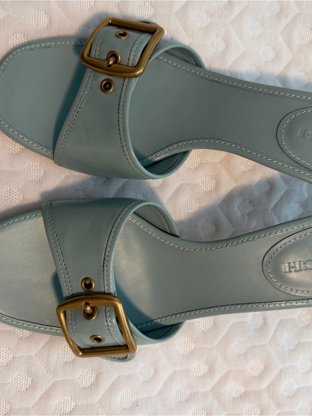Coach Light Blue Leather Buckle Mule Heels - Picture 2 of 8